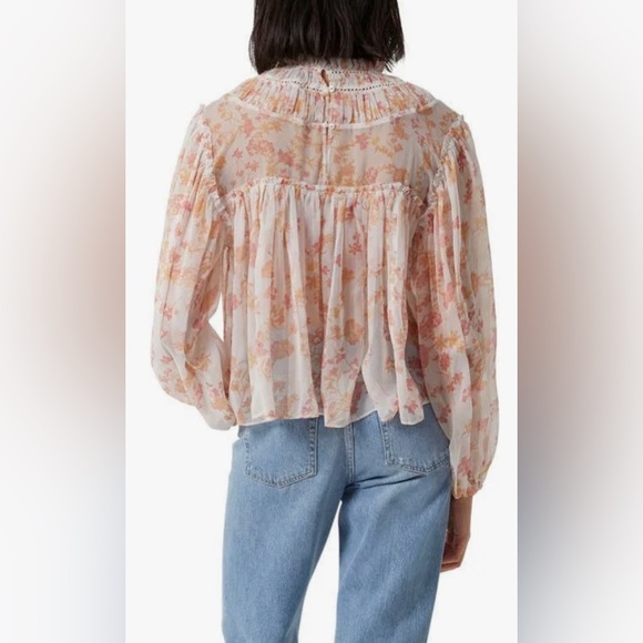 NEW FRENCH CONNECTION- Flowy Mock Neck Blouse with sheer arms in floral print - Picture 6 of 10